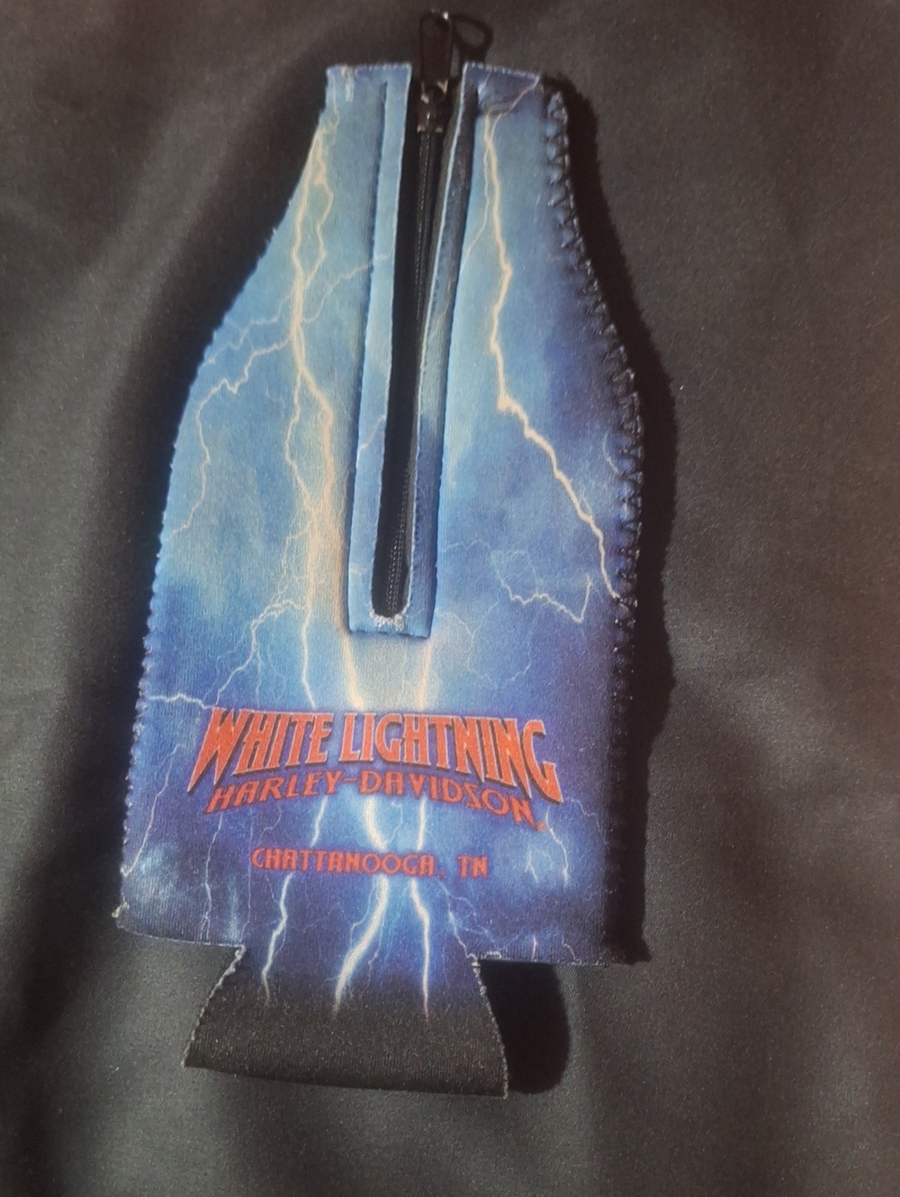 Harley Davidson White Lightning Chattanooga TN Neoprene Zipper Bottle Koozie